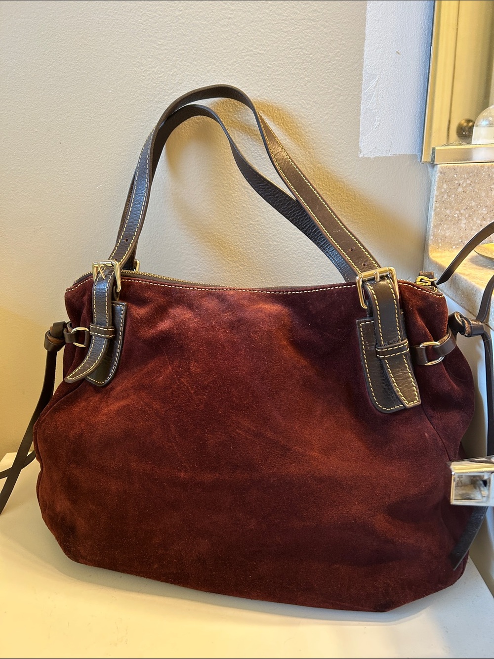 Dooney & Bourke Burgundy Suede Shoulder Bag with Dark Brown Trim - Picture 4 of 12